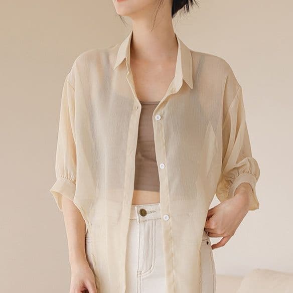柄シャツ 透かし織り前結びショートシャツ