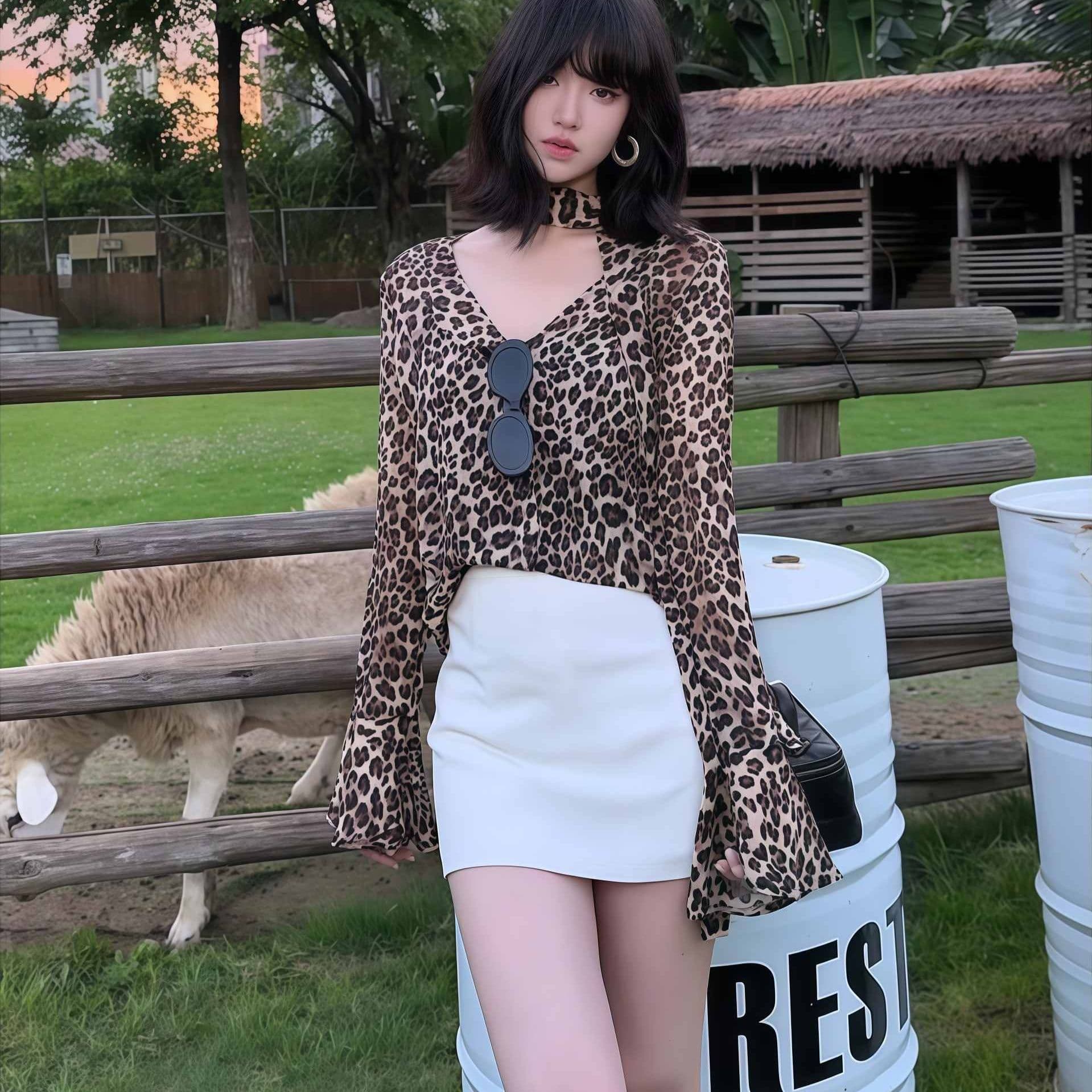 柄シャツ 野性の魅力 フレアスリーブヒョウ柄シャツ