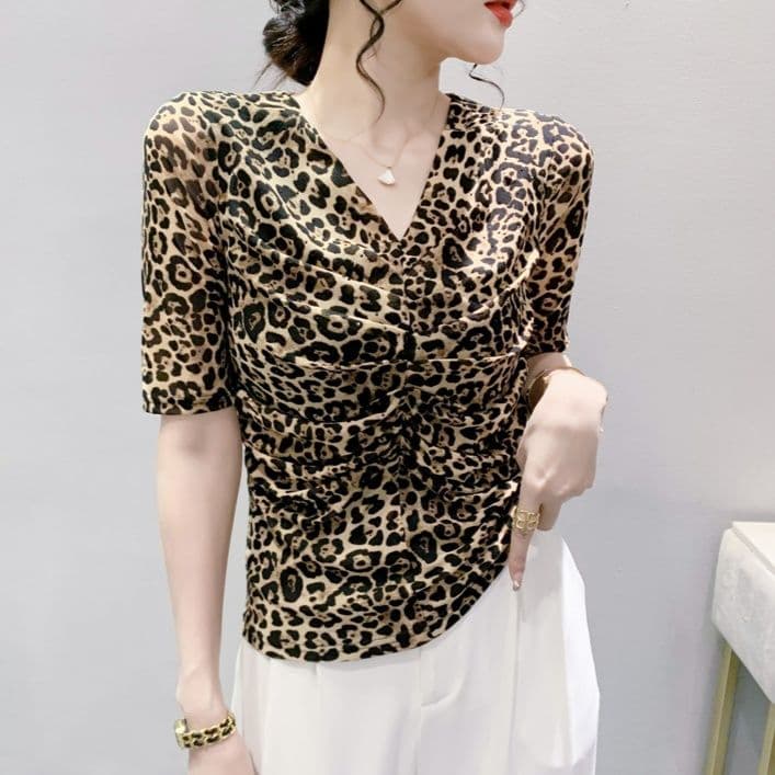柄シャツ 華麗なる野性美 ヒョウ柄カシュクールブラウス