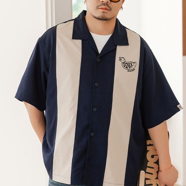 柄シャツ 縦ストライプ刺繍入り開襟シャツ