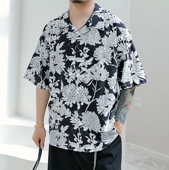 柄シャツ 大輪菊モダンアロハシャツ