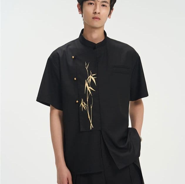 柄シャツ 竹刺繍入り立襟スタイリッシュシャツ