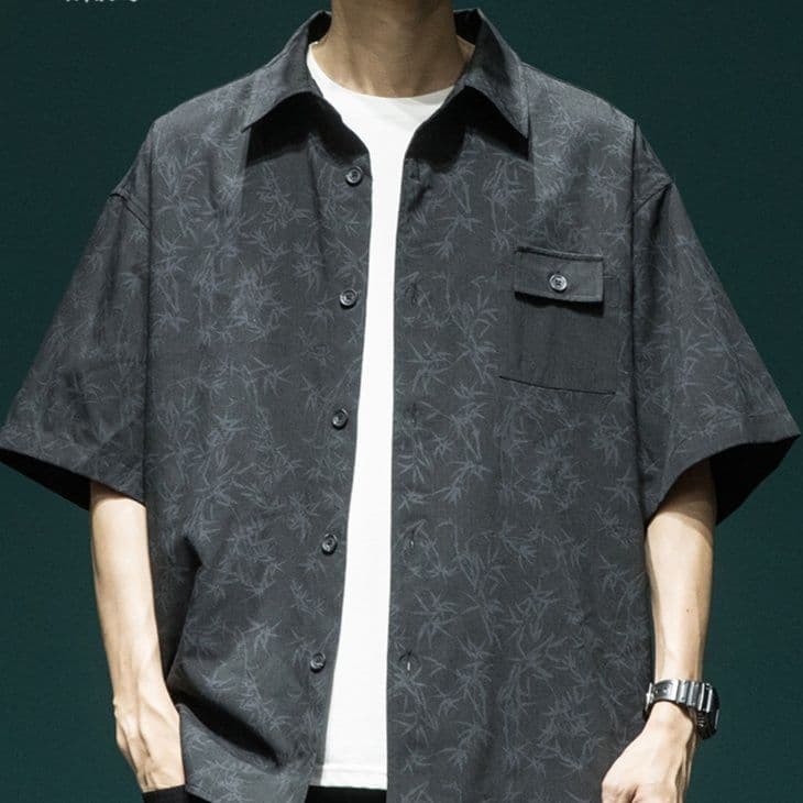 柄シャツ 竹模様プリントオーバーサイズシャツ