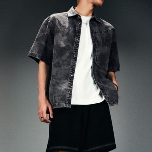 柄シャツ ヴィンテージ風デニム半袖シャツ