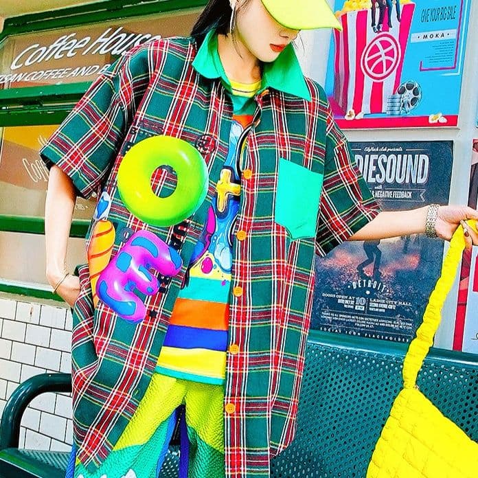 柄シャツ ポップアート格子柄シャツ