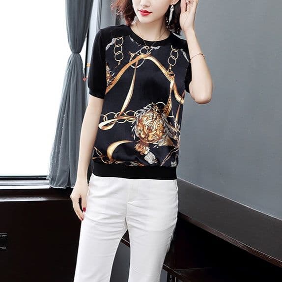 柄シャツ 華やか金具模様プリントブラウス