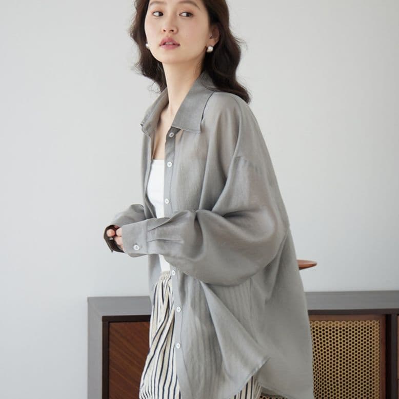 柄シャツ 上質リネン風ワイドシルエットシャツ