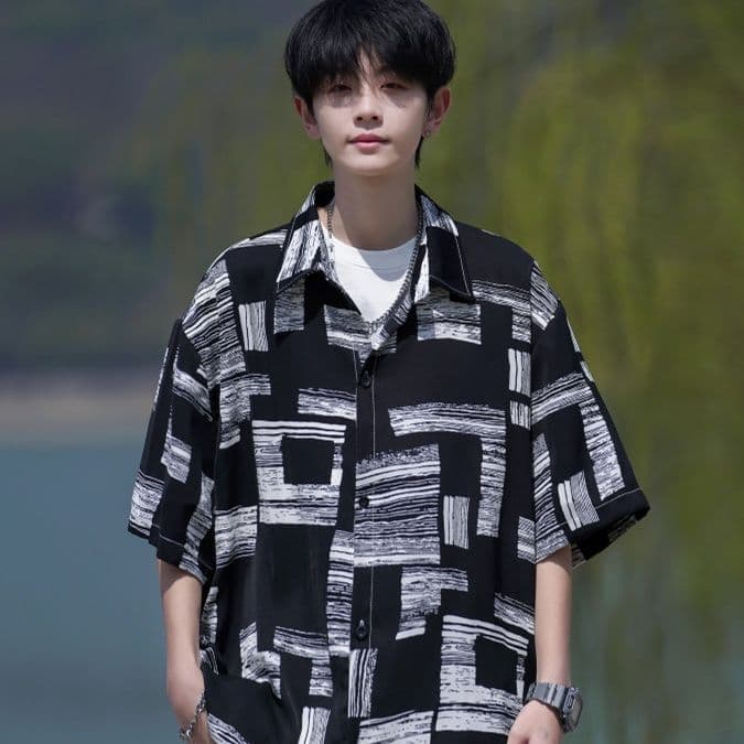 柄シャツ アートブラシ幾何学模様シャツ