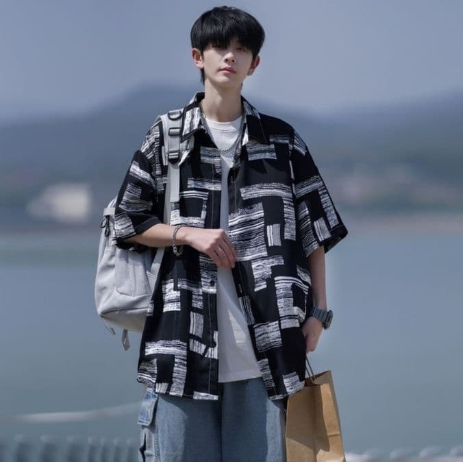 柄シャツ アートブラシ幾何学模様シャツ