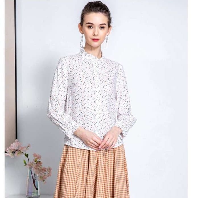 白柄シャツ 小花柄スタンドカラーブラウス