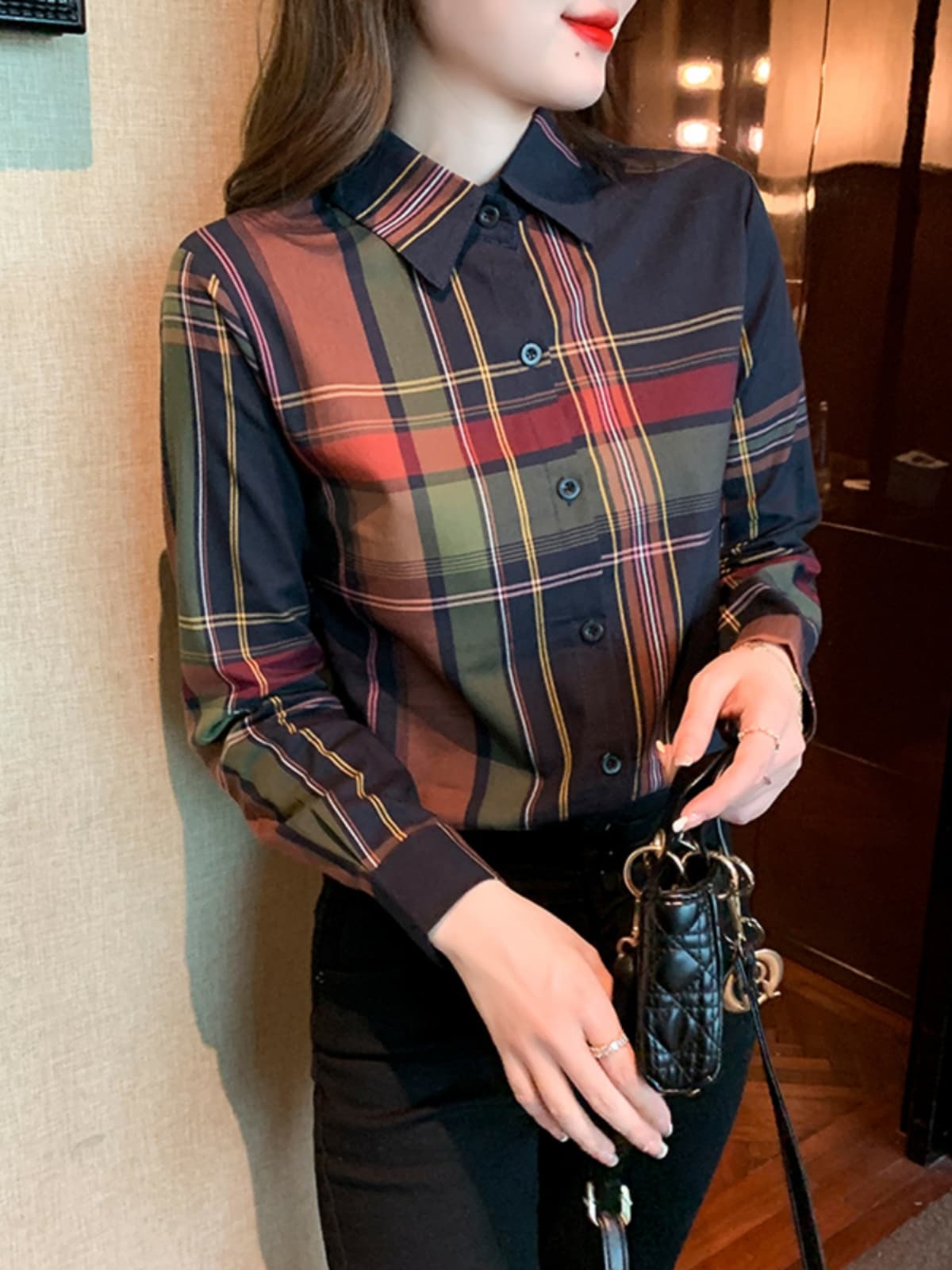 柄シャツ 格調高い多彩格子模様長袖シャツ