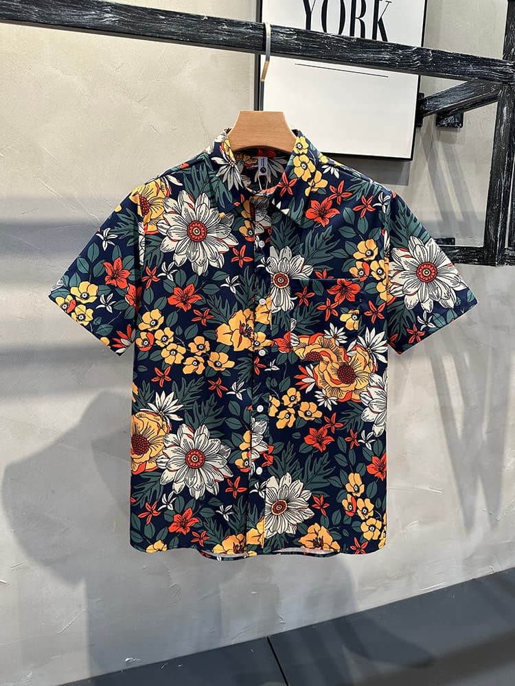 柄シャツ 華やか菊花ボタニカル半袖シャツ