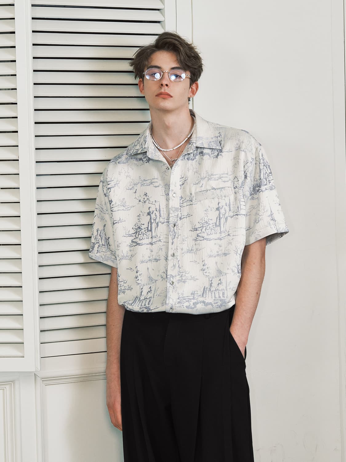 柄シャツ 風景画筆風半袖シャツ