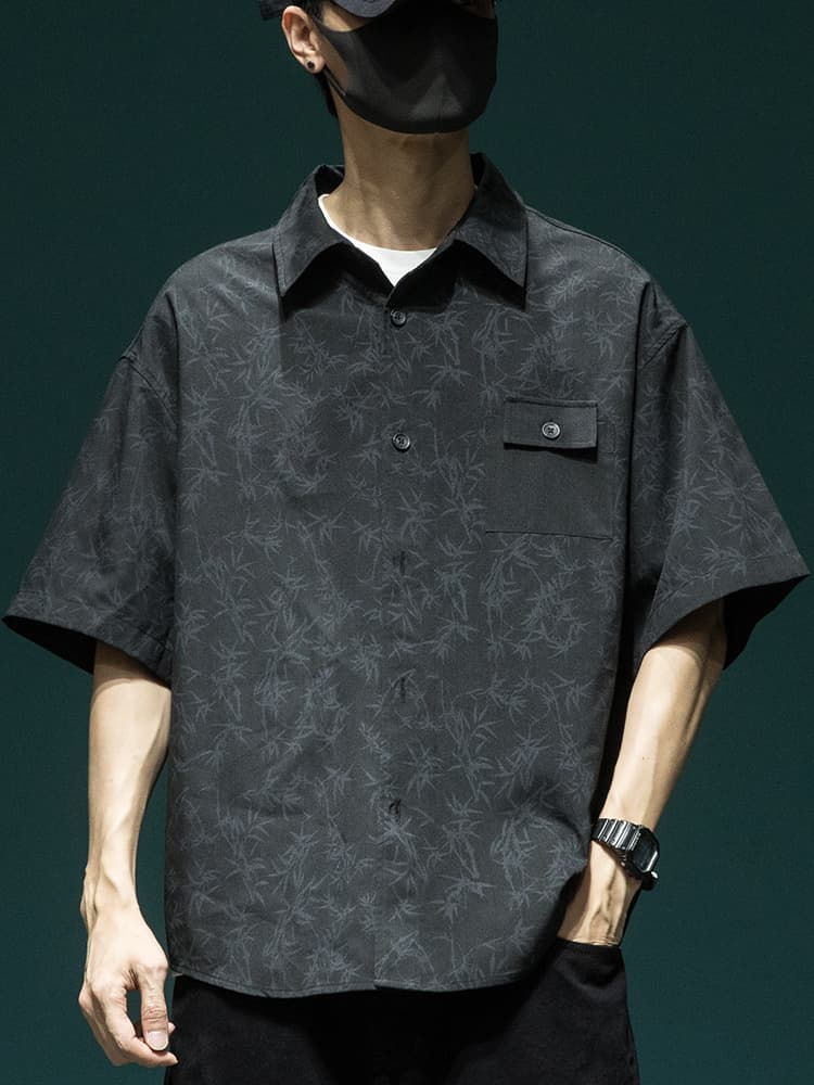 柄シャツ 竹模様プリントオーバーサイズシャツ