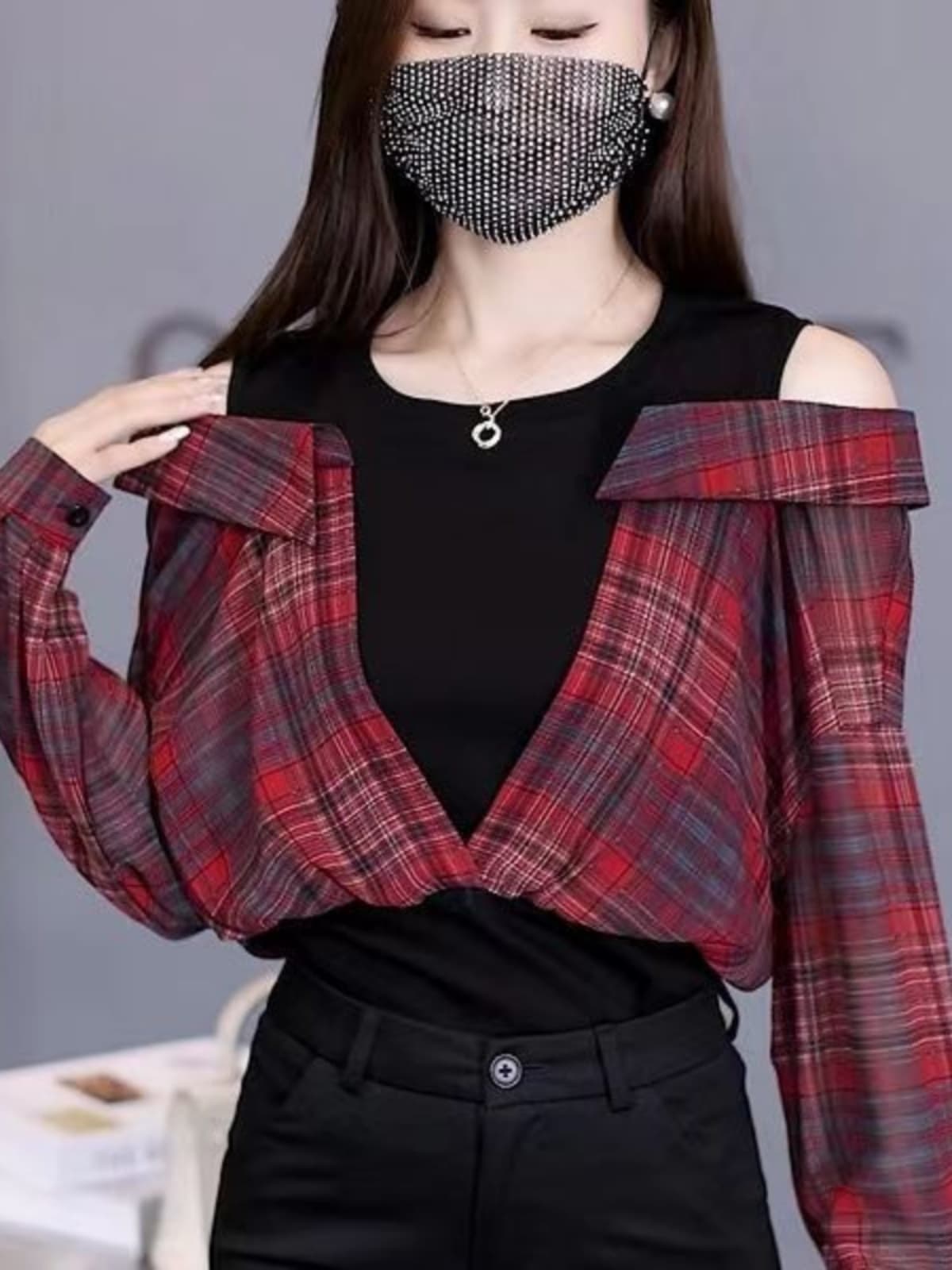 柄シャツ 肩開きデザイン チェック柄シャツ