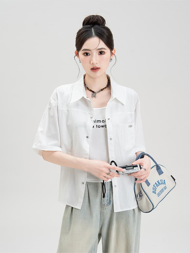 柄シャツ シンプル五分袖ベーシックシャツ