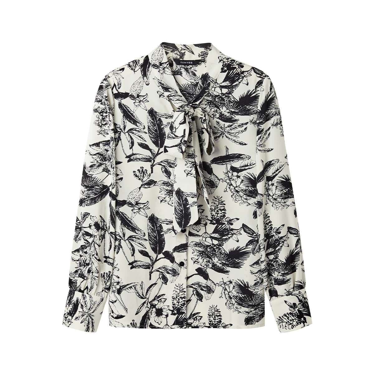 柄シャツ ボタニカルプリント タイネック長袖シャツ