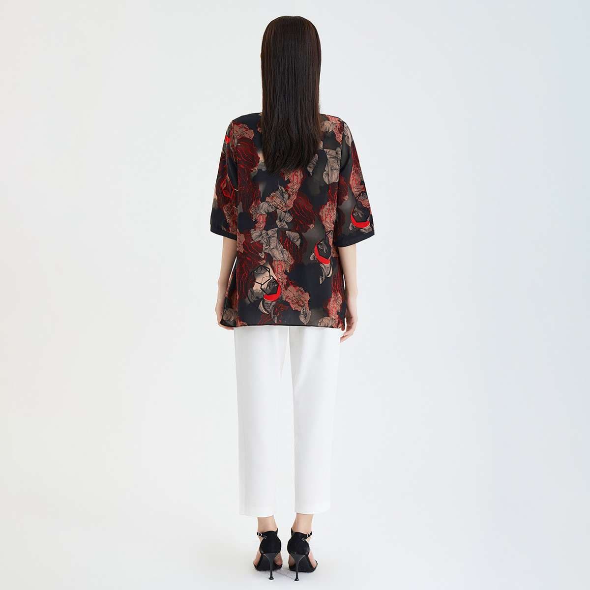 総柄シャツ 花影デザイン七分袖シャツブラウス