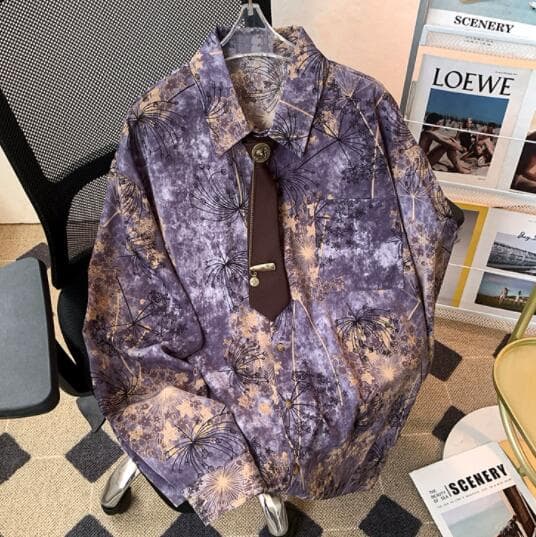 男性用長袖総柄シャツ パープル花柄デザイン