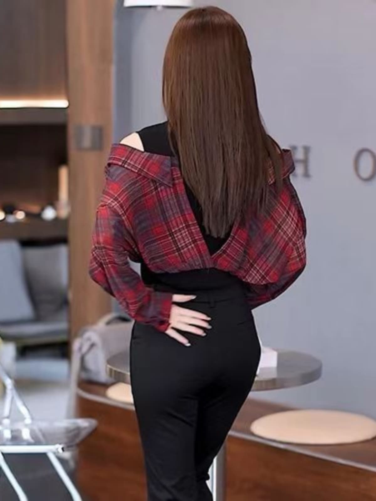 柄シャツ 肩開きデザイン チェック柄シャツ