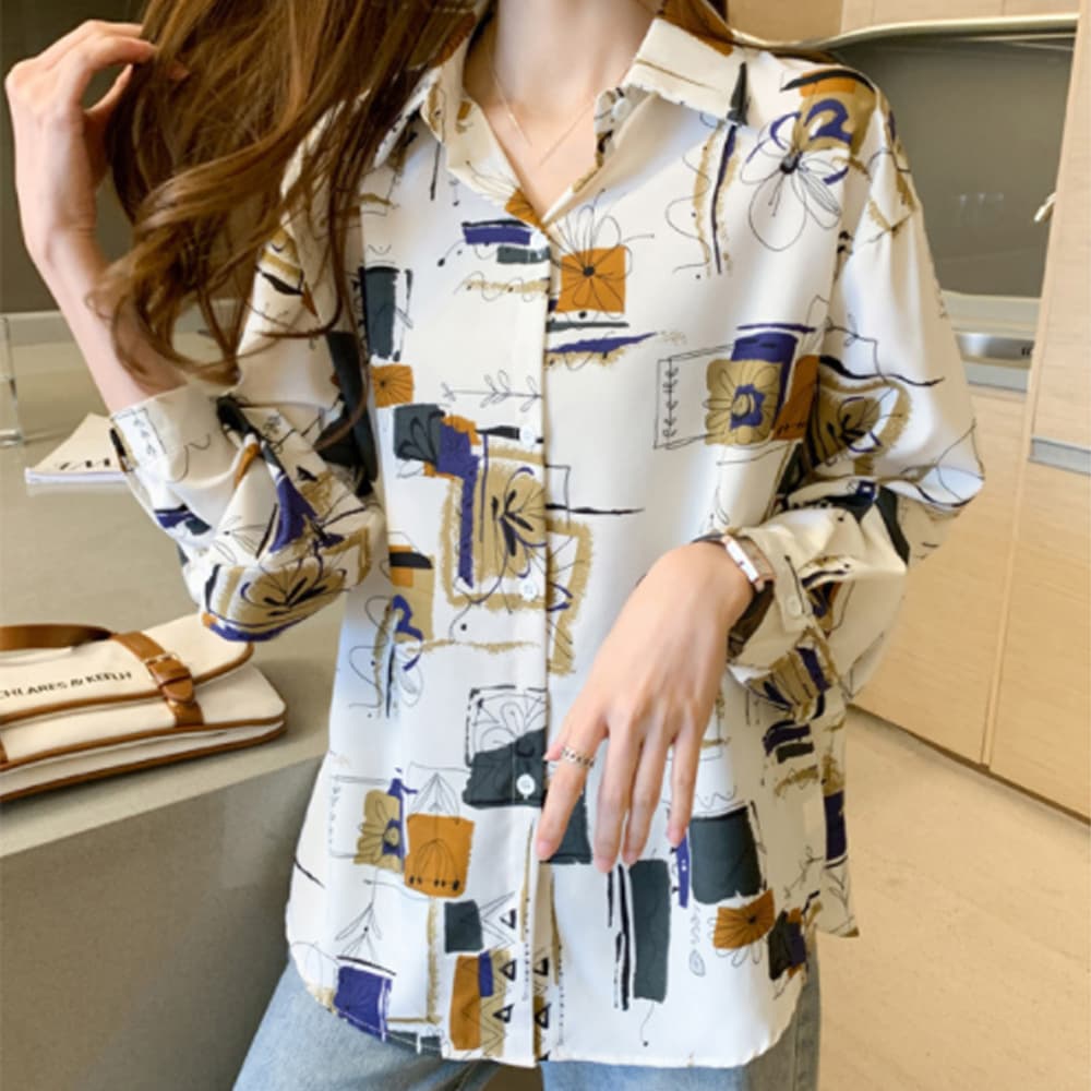 アート風総柄シャツ ゆったり長袖ブラウス