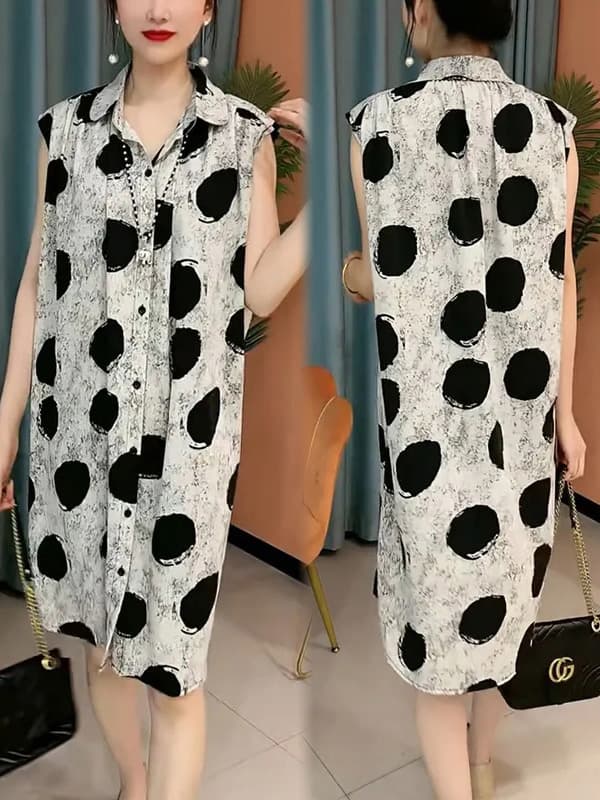 柄シャツ 芸術的水玉ノースリーブシャツワンピース
