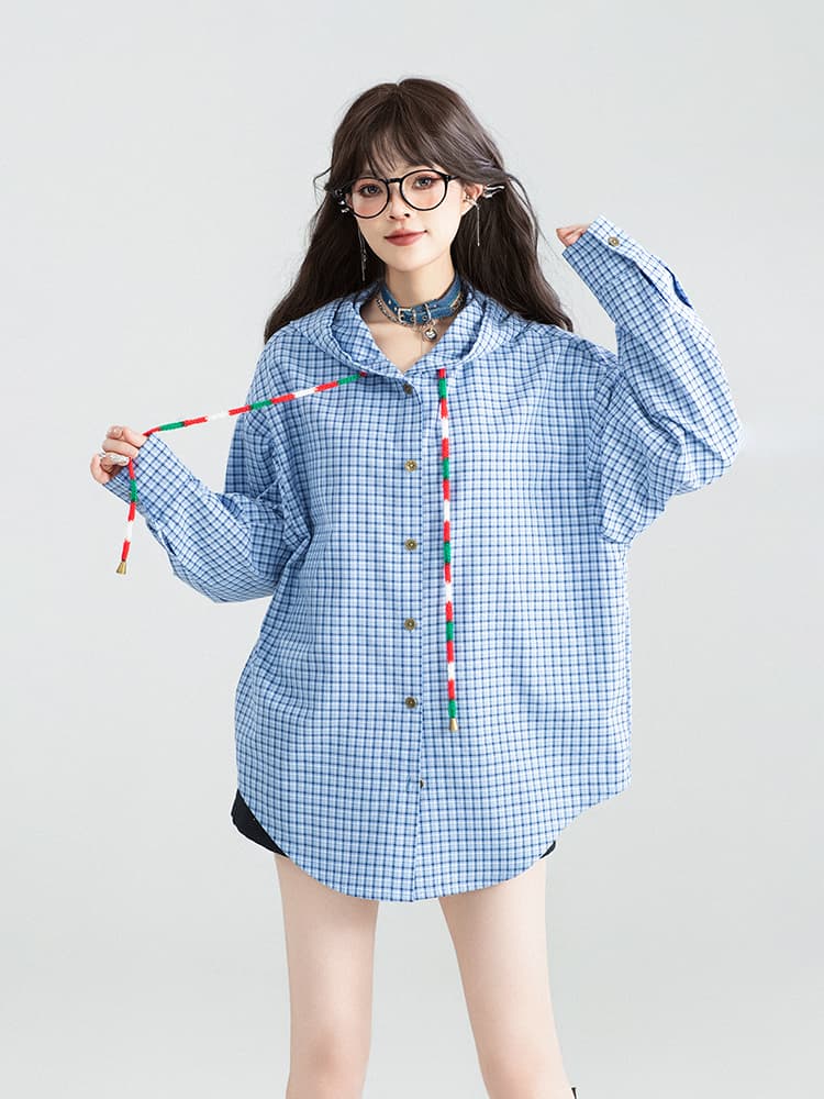柄シャツ フード付きチェック格子柄シャツ