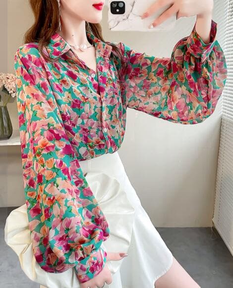 秋冬レディース総柄シャツ長袖シフォンバルーン袖花柄