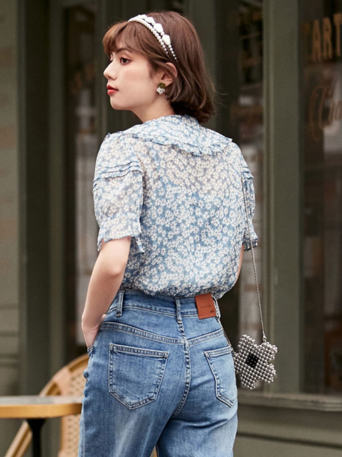 柄シャツ 小花柄丸襟パフスリーブシャツ