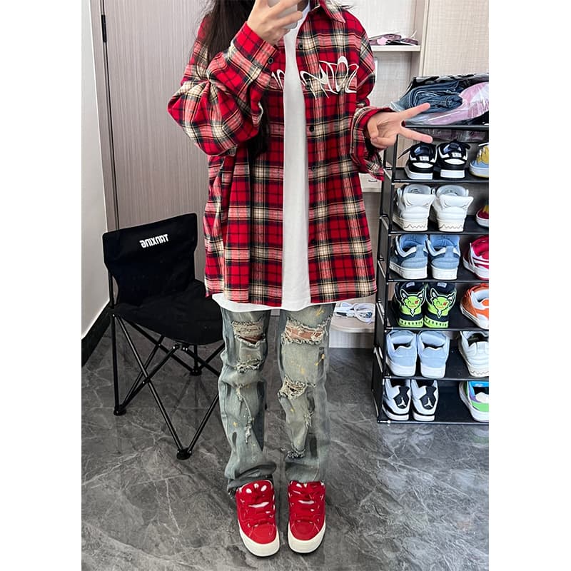 柄シャツ フロントロゴ入りオーバーサイズシャツ