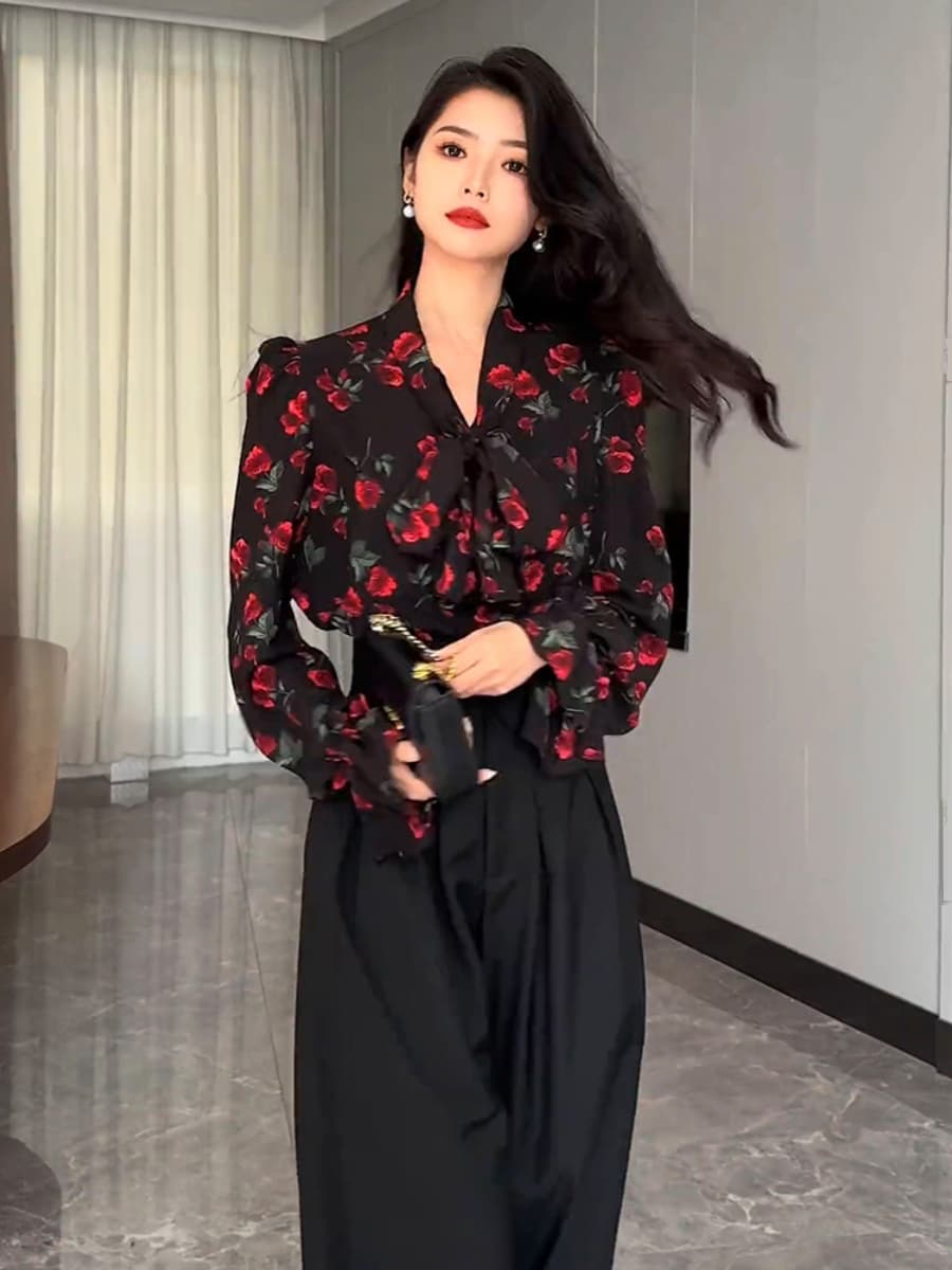 柄シャツ 柄シャツ 優美な薔薇模様フリルブラウス