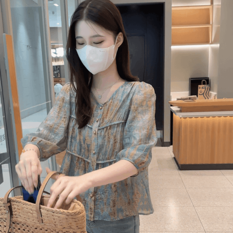柄シャツ 柄シャツ 優美な花園ギャザーブラウス