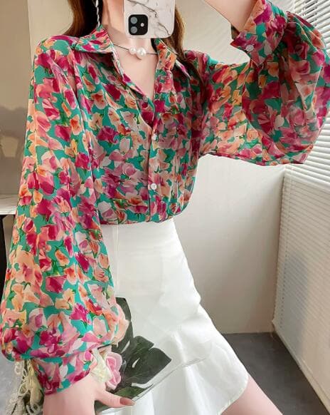 秋冬レディース総柄シャツ長袖シフォンバルーン袖花柄