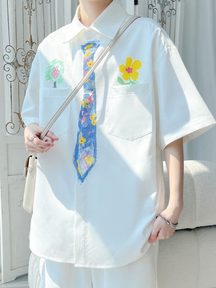 柄シャツ 彩りお絵描き風花柄シャツ