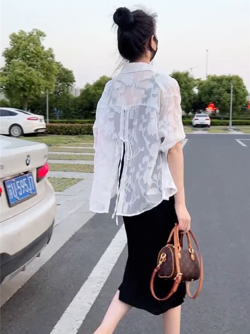 柄シャツ 花影レースバックリボンシャツ