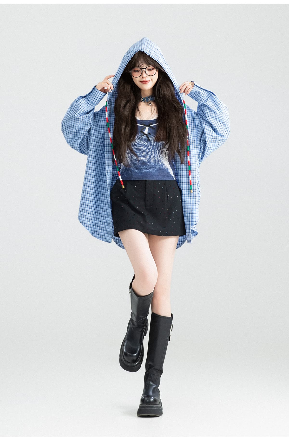 柄シャツ フード付きチェック格子柄シャツ