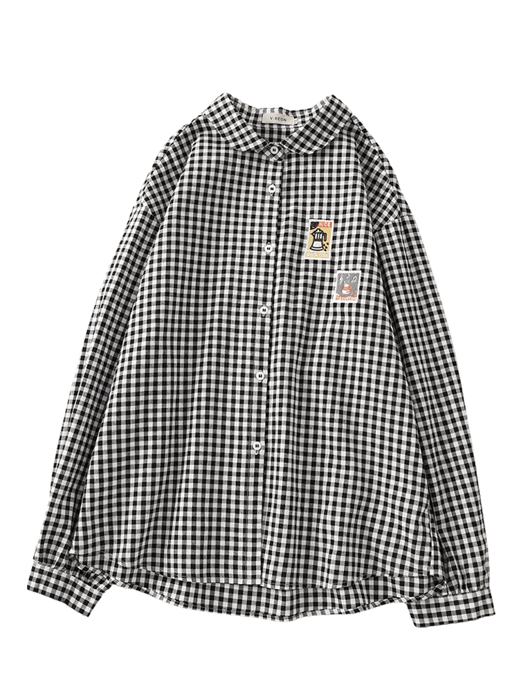 柄シャツ 柄シャツ レトロワッペン格子模様シャツ