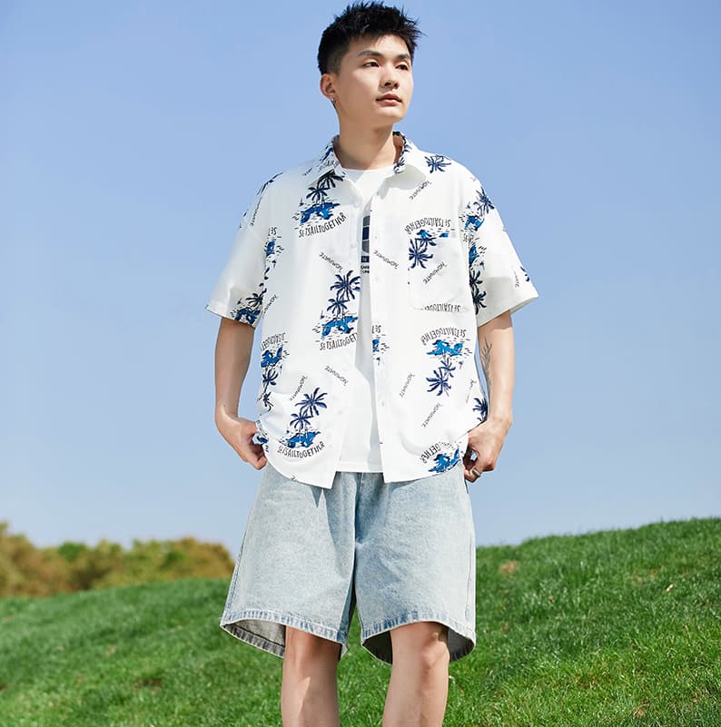 柄シャツ 南国やしの木プリント半袖シャツ
