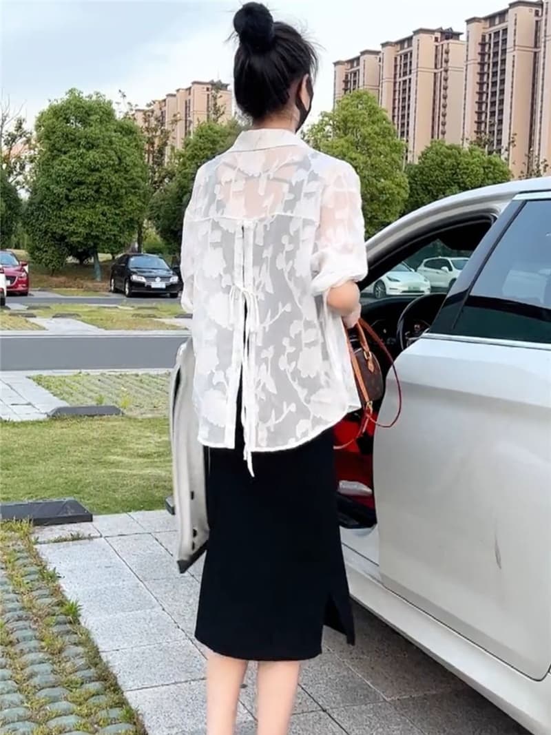 柄シャツ 花影レースバックリボンシャツ