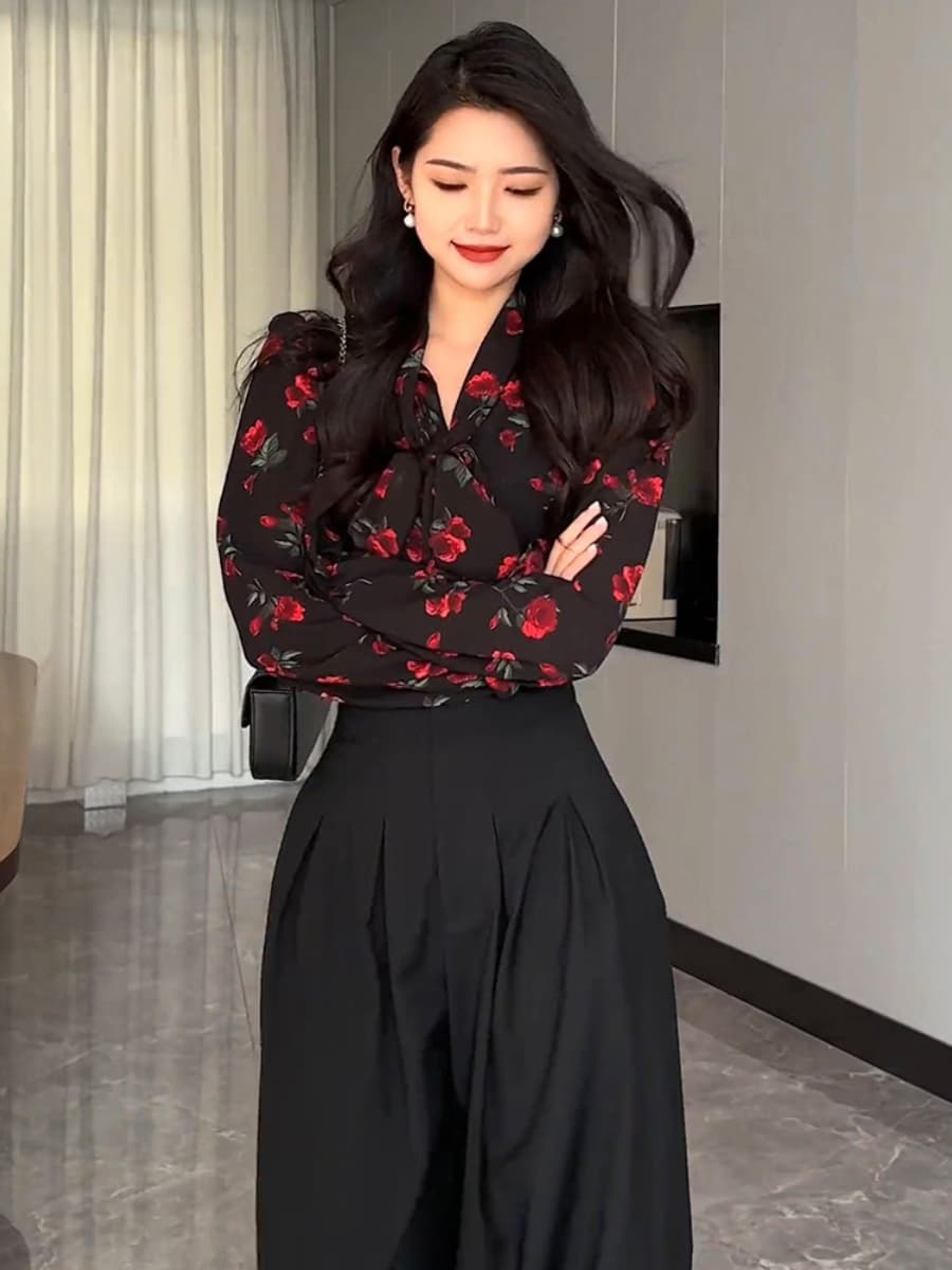 柄シャツ 柄シャツ 優美な薔薇模様フリルブラウス