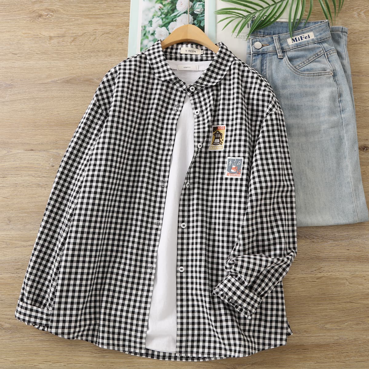 柄シャツ 柄シャツ レトロワッペン格子模様シャツ