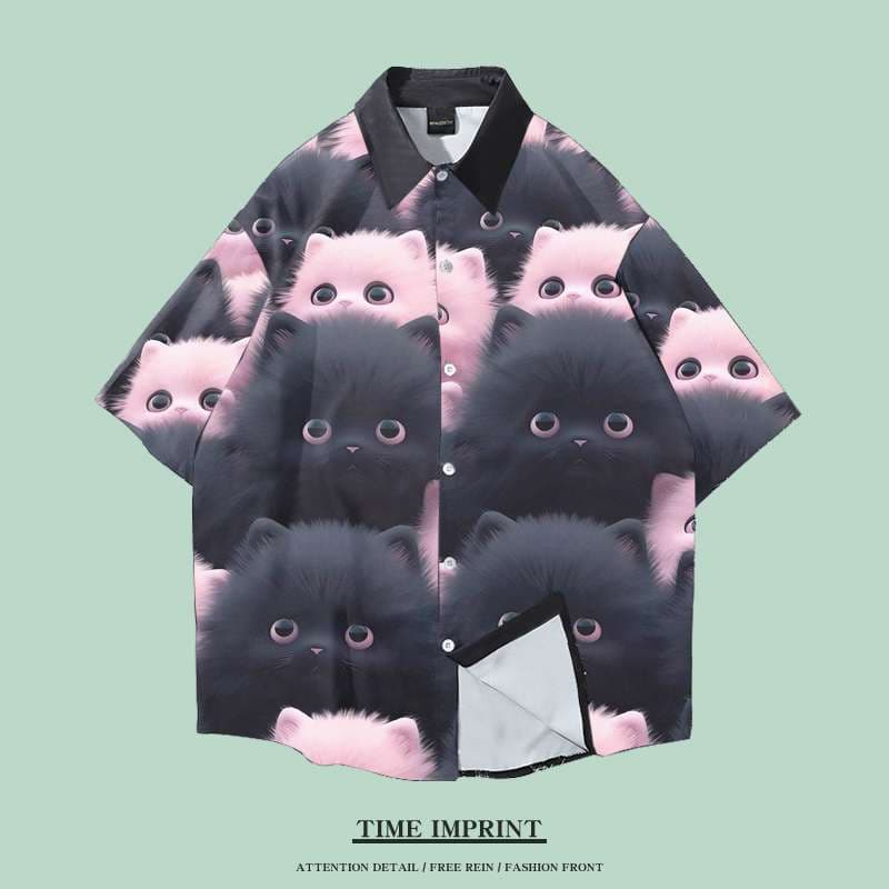 猫柄シャツ　もふもふ猫ちゃん集合柄シャツ