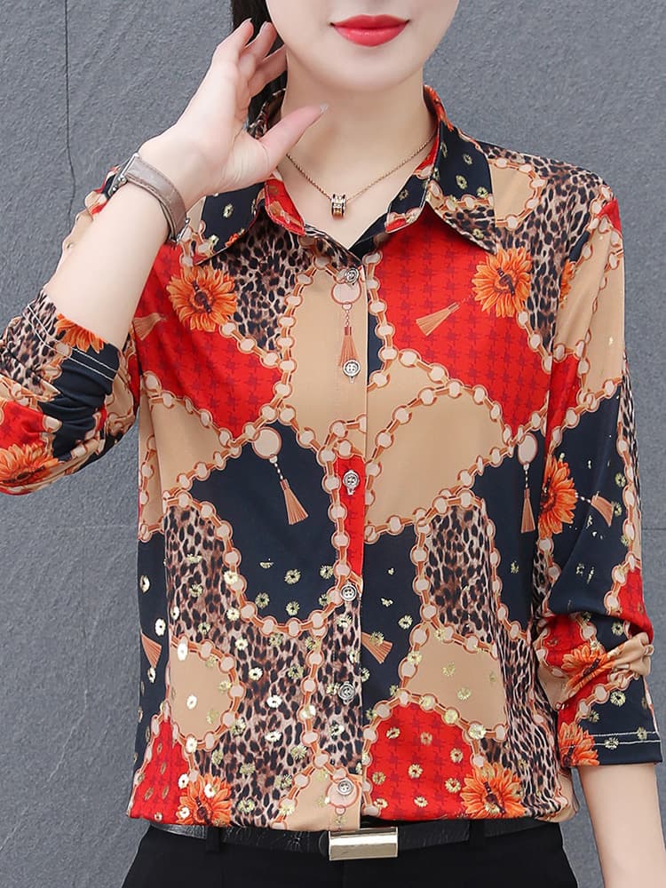柄シャツ 柄シャツ 華やかパッチワーク向日葵ブラウス