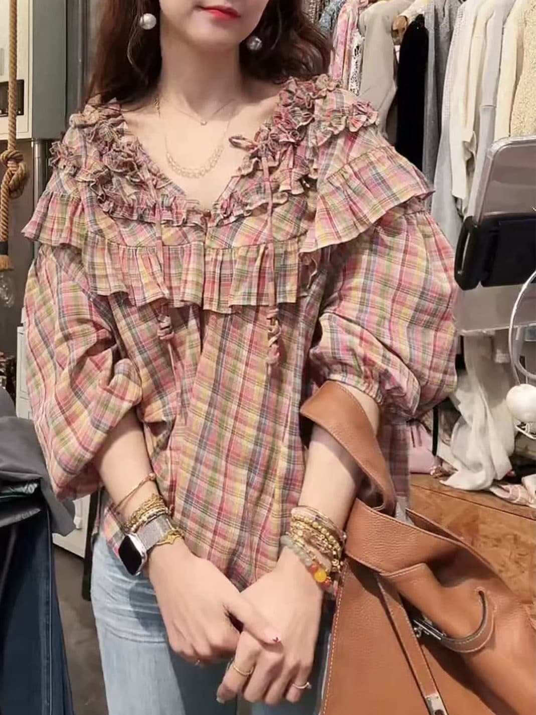 柄シャツ 柄シャツ フリルギャザー格子柄ブラウス