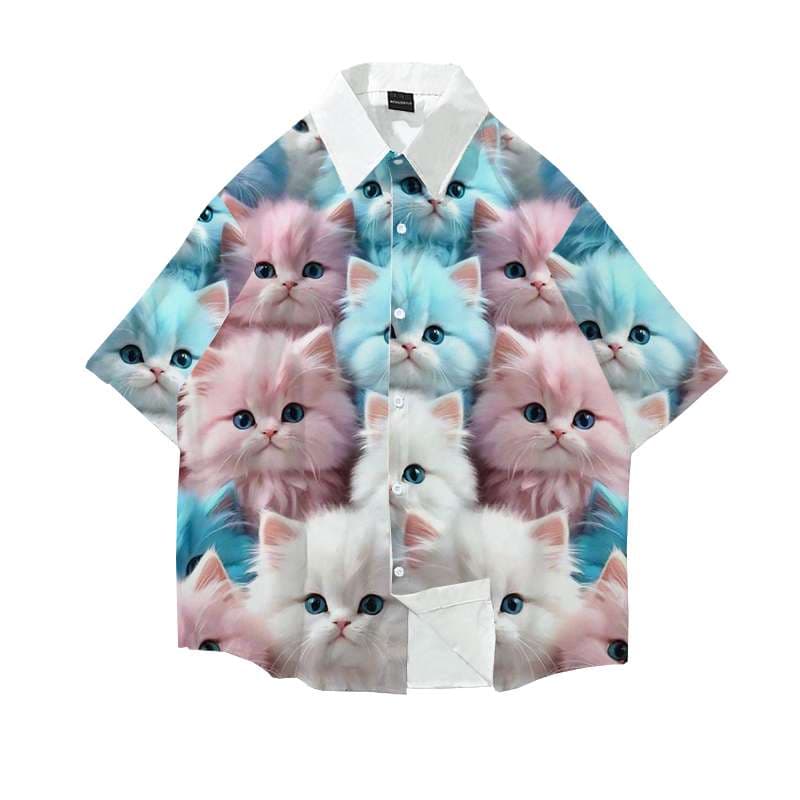 猫柄シャツ　もふもふ猫ちゃん集合柄シャツ