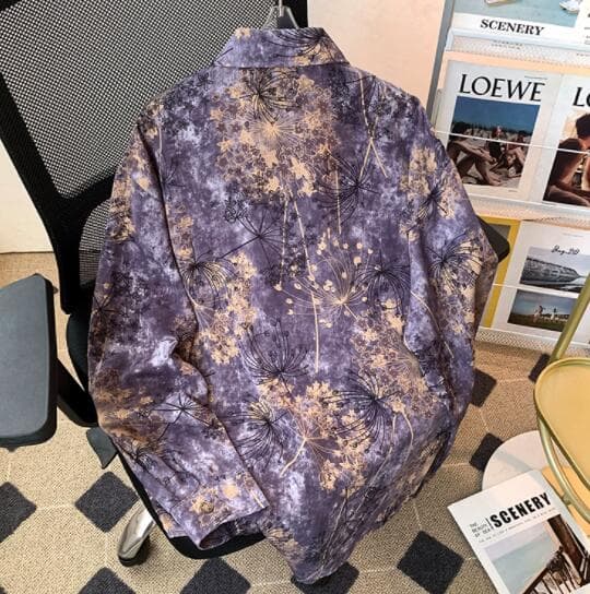 男性用長袖総柄シャツ パープル花柄デザイン