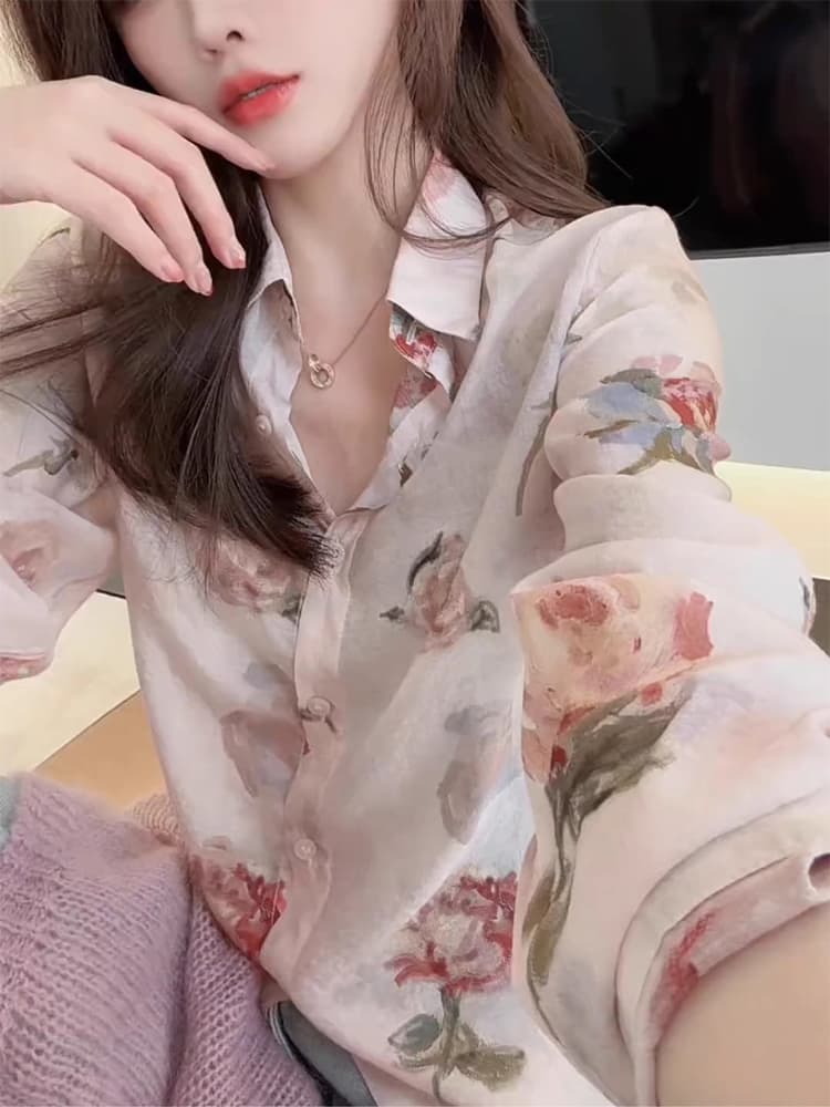 柄シャツ 柄シャツ 水彩バラ模様シアーシャツ