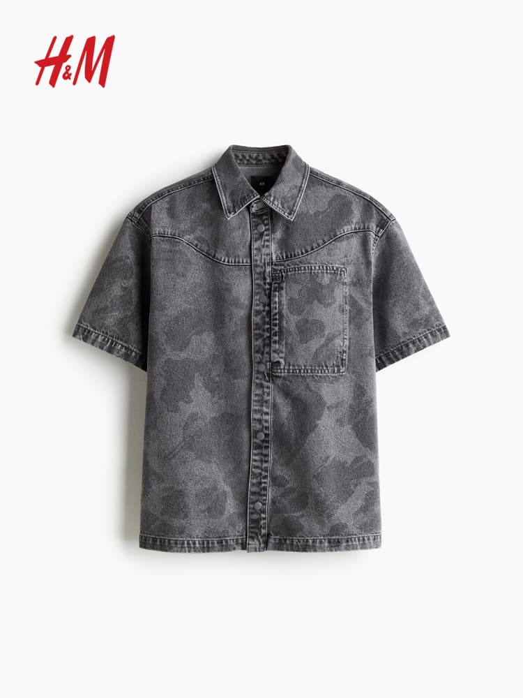 柄シャツ ヴィンテージ風デニム半袖シャツ