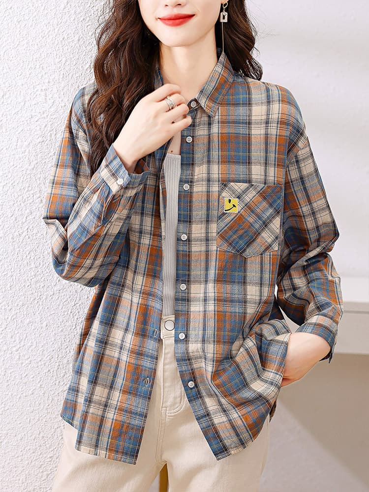 柄シャツ ポケット付きワイドチェックシャツ