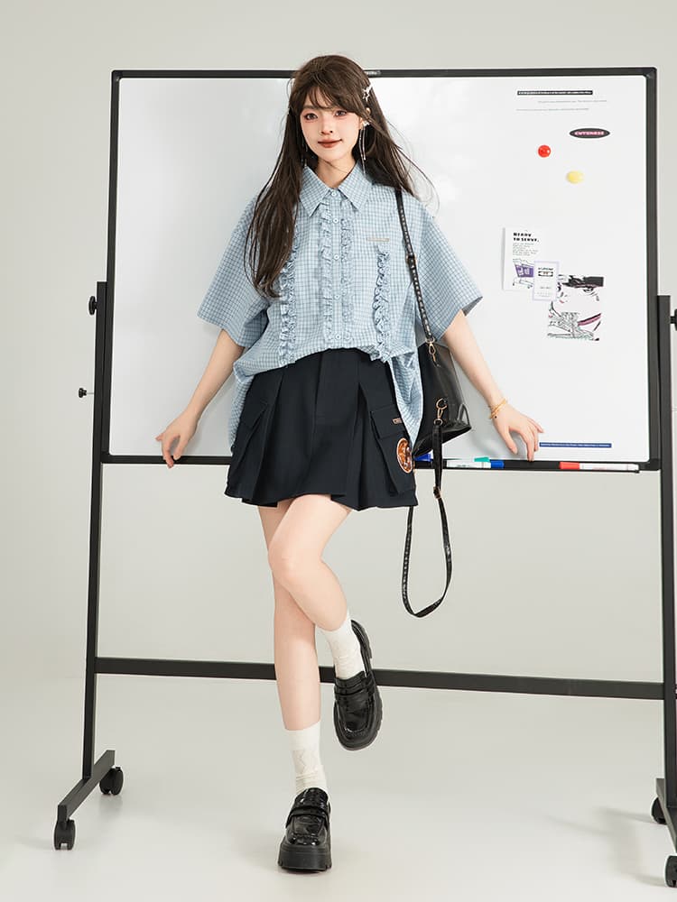 柄シャツ フリル装飾格子柄ゆったりシャツ